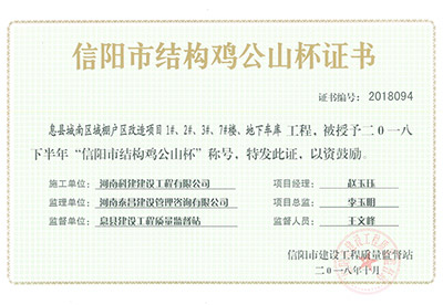 “息縣城南區(qū)域棚戶區(qū)改造項(xiàng)目1#、2#、3#、7#樓、地下車庫工程”被授予2018下半年“信陽市結(jié)構(gòu)雞公山杯”稱號(hào)