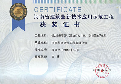 “恒大綠洲項目A10地塊17#、18#、19#樓及地下車庫工程”榮獲“河南省建筑業(yè)新技術(shù)應(yīng)用示范工程”金獎