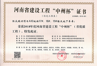 恒大綠洲項目A10地塊17#、18#、19#樓及地下車庫榮獲“2018年度河南省建設(shè)工程中州杯（省優(yōu)質(zhì)工程）”